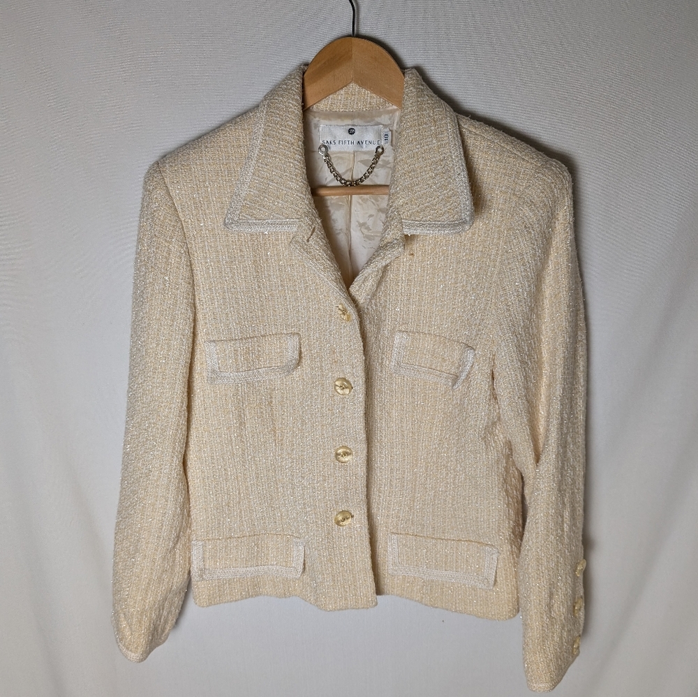 Saks Fifth Avenue Cream Button Down Long Sleeve Jacket Size 10